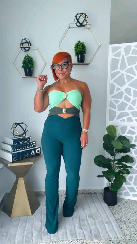 Green Color Block Cut-Out Jumpsuit