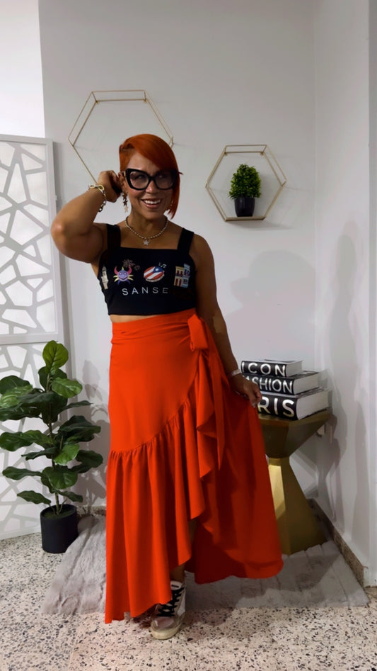 Red Midi. Wrap Around Skirt