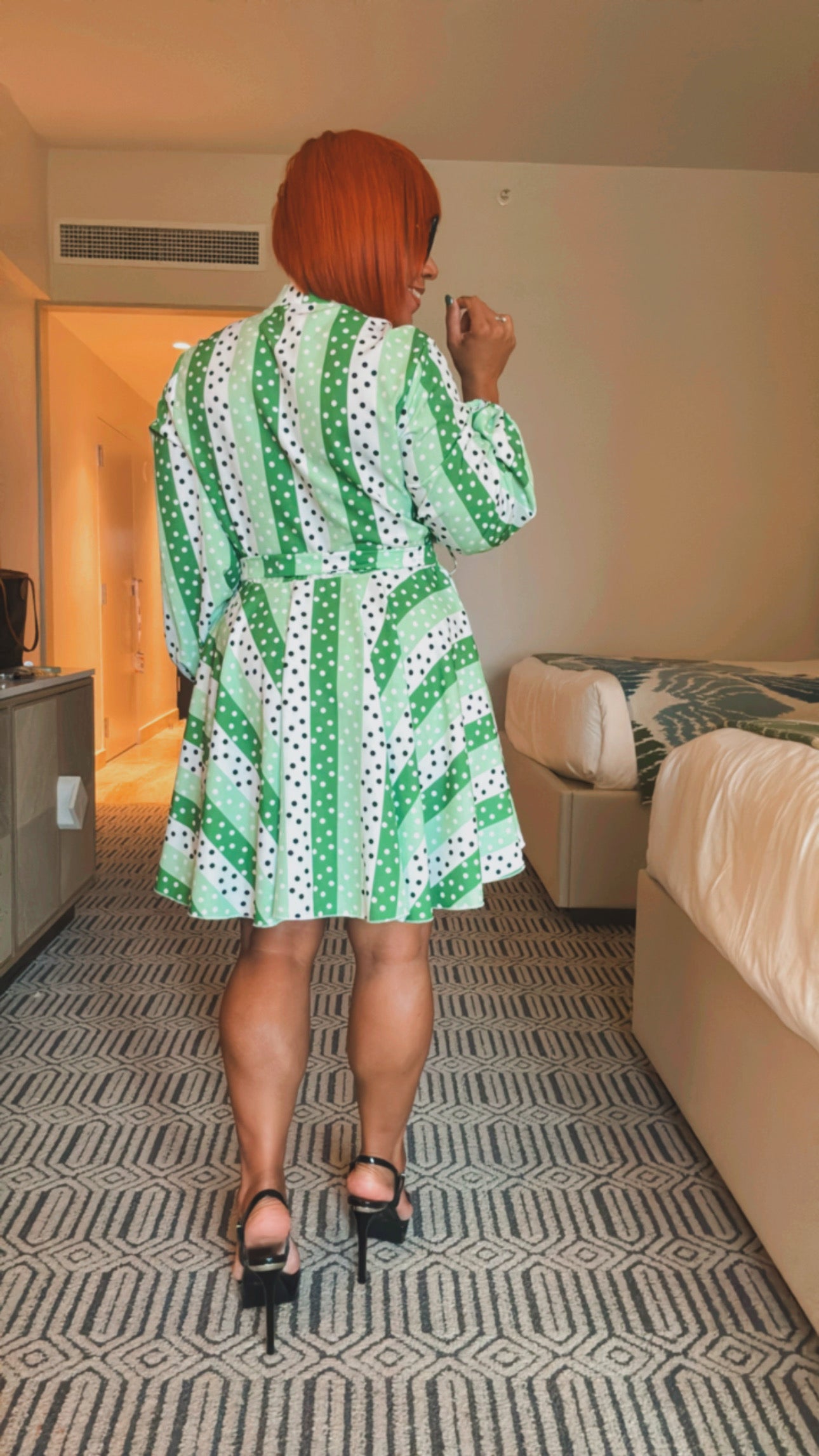 Green Striped Polka Dots Short Dress