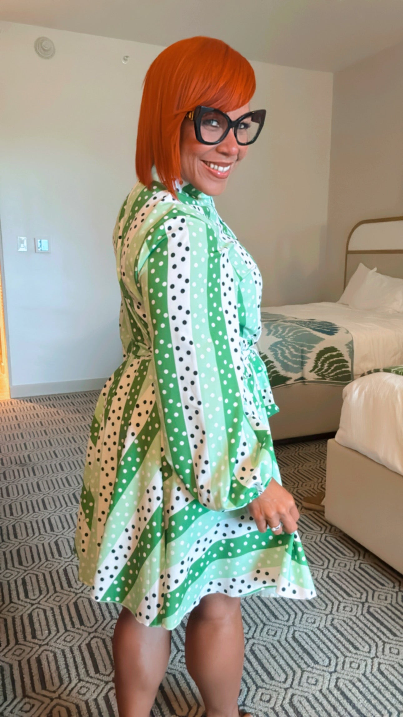 Green Striped Polka Dots Short Dress