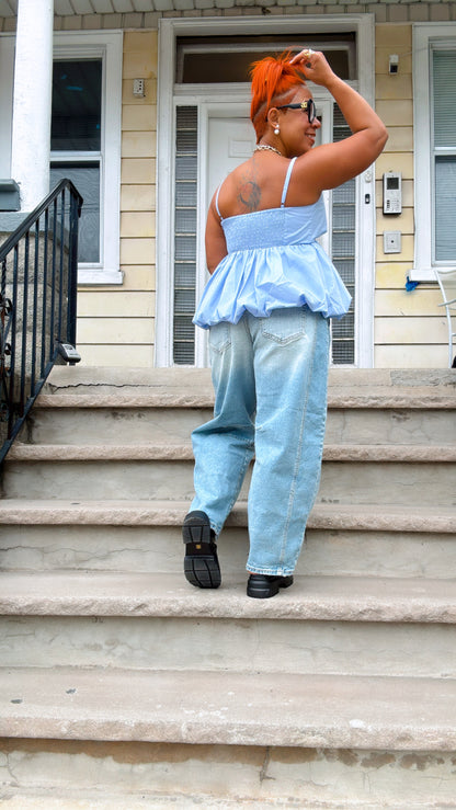 Puff Bottom Tie Front Cami Tank - Baby Blue