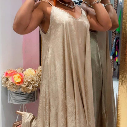 Champagne Satin Sleeveless Flowy Maxi Dress