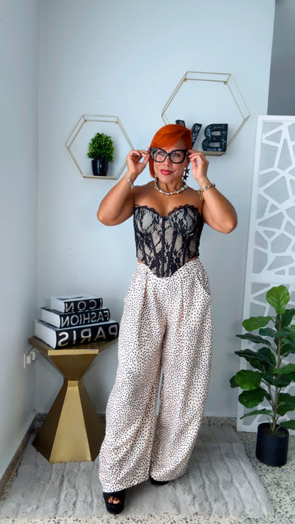 Polka Dots Splash Barrel Pant - Beige w/ Black Polka Dots