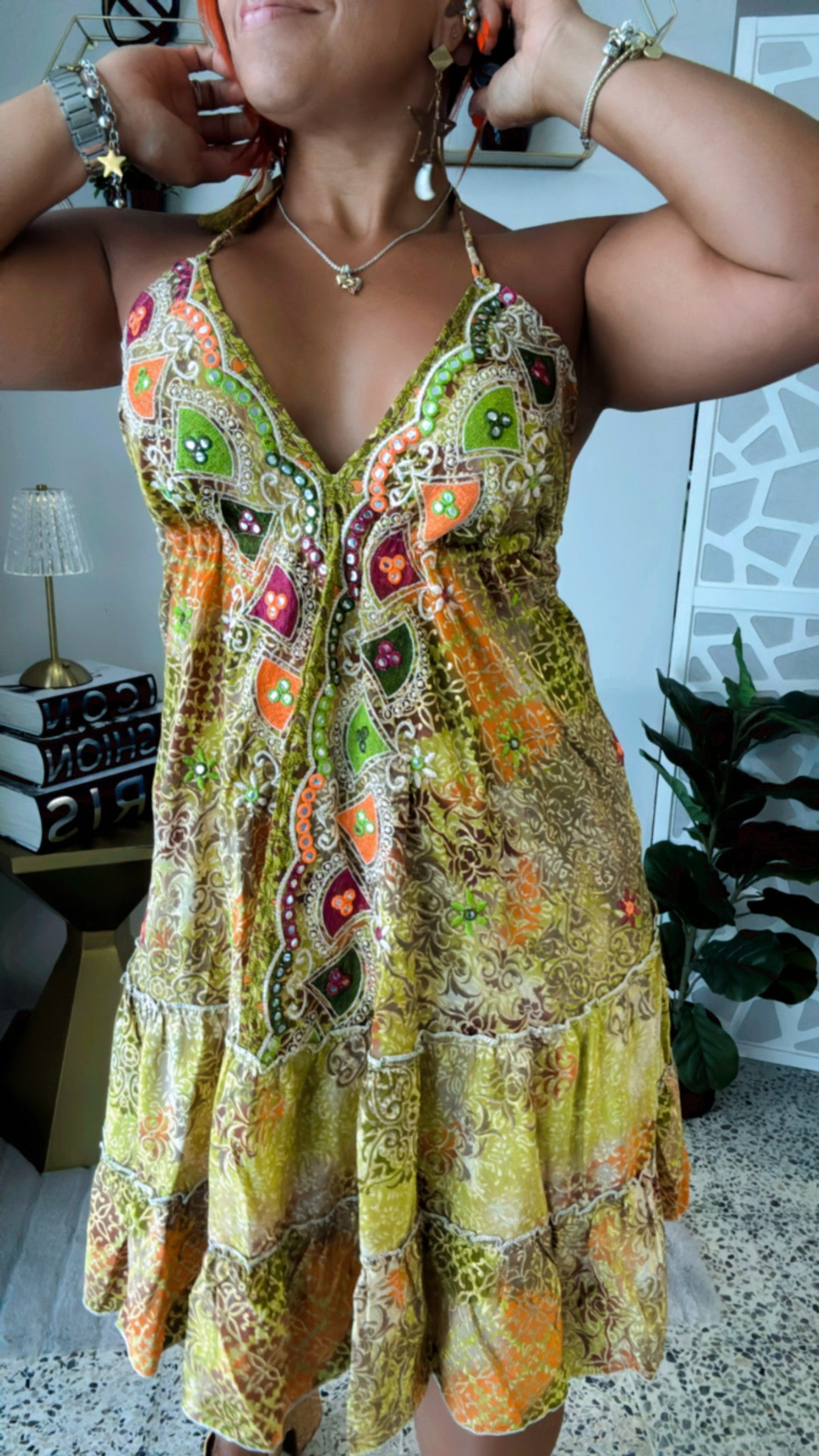 Green Boho Open Back Short Dress