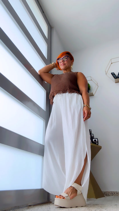 White Wide Leg Split Skirt Pant - Boho&nbsp;