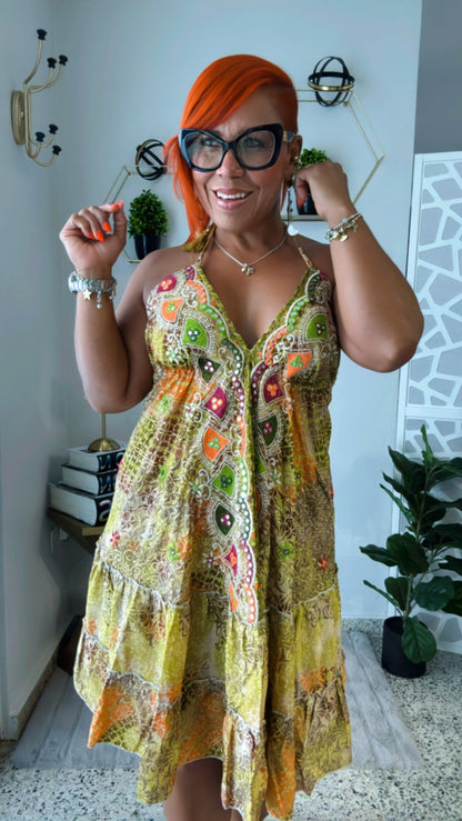 Green Boho Open Back Short Dress