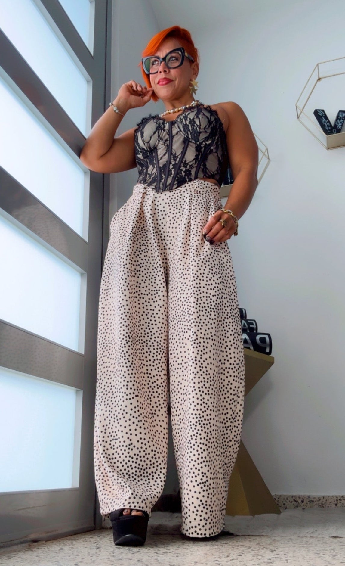 Polka Dots Splash Barrel Pant - Beige w/ Black Polka Dots