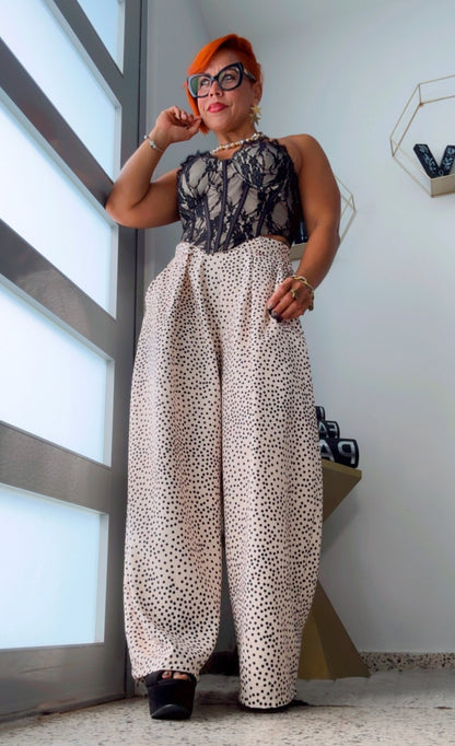 Polka Dots Splash Barrel Pant - Beige w/ Black Polka Dots