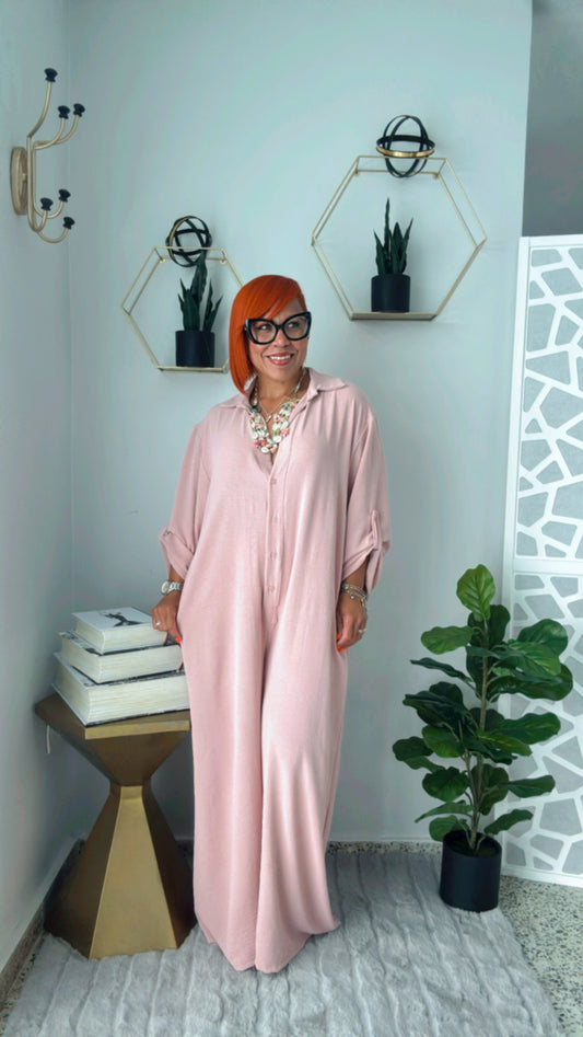 Rose Chic Oversized Button-Up Jumpsuit,