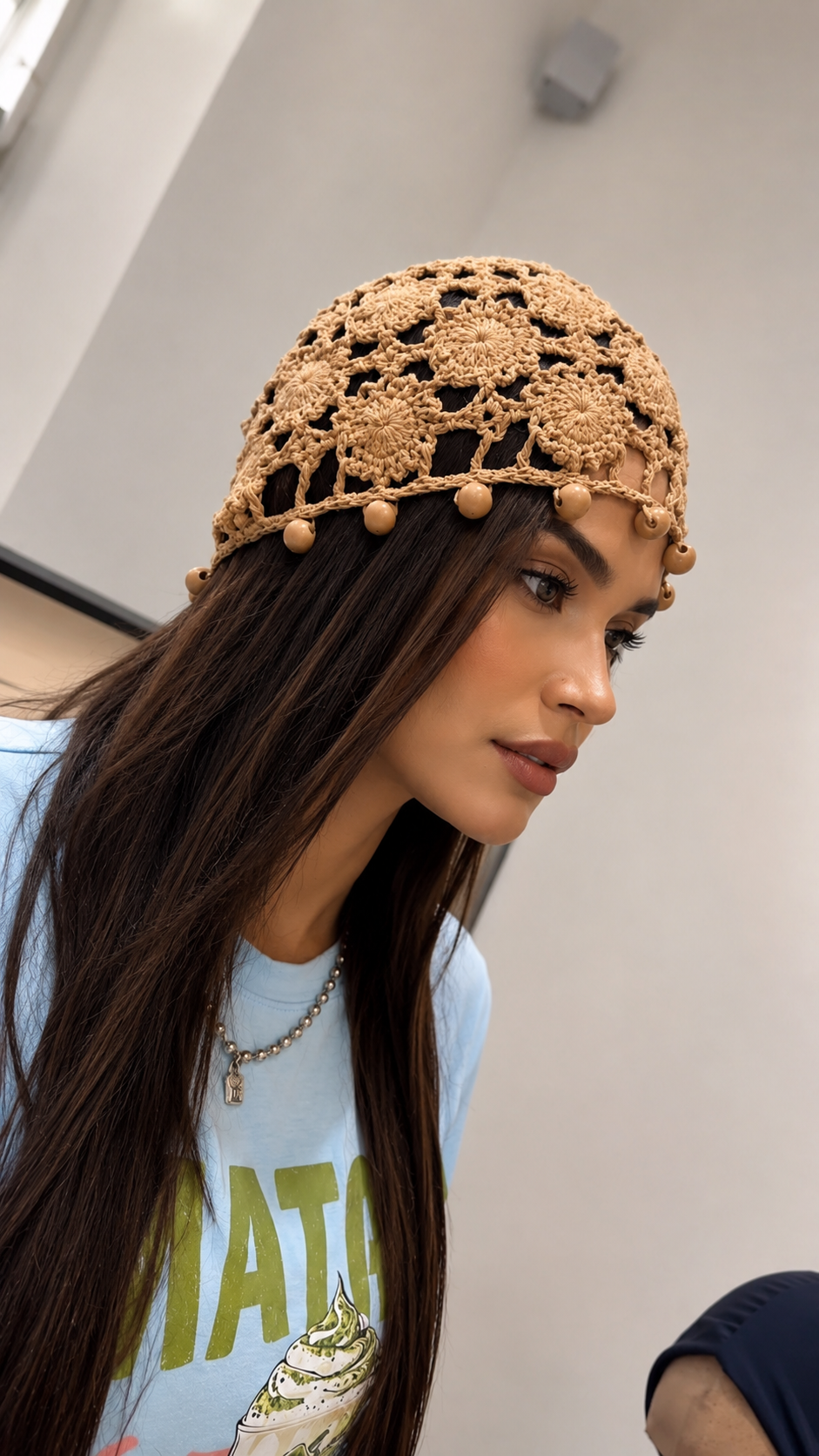 Nude Crochet Beaded Cap