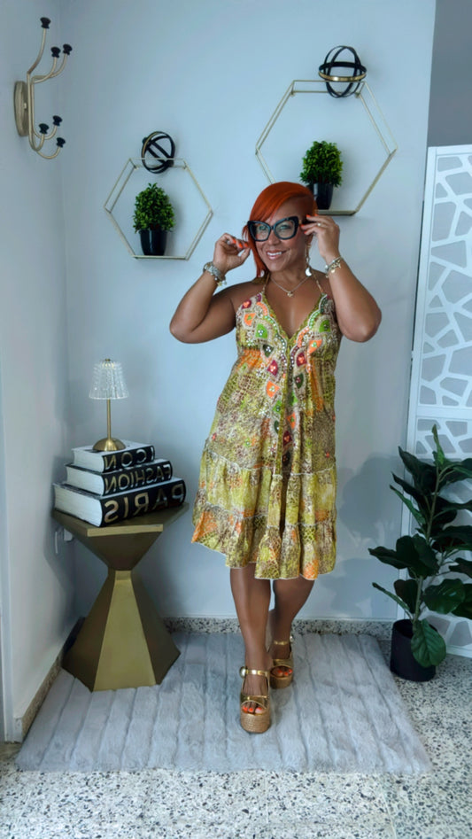 Green Boho Open Back Short Dress