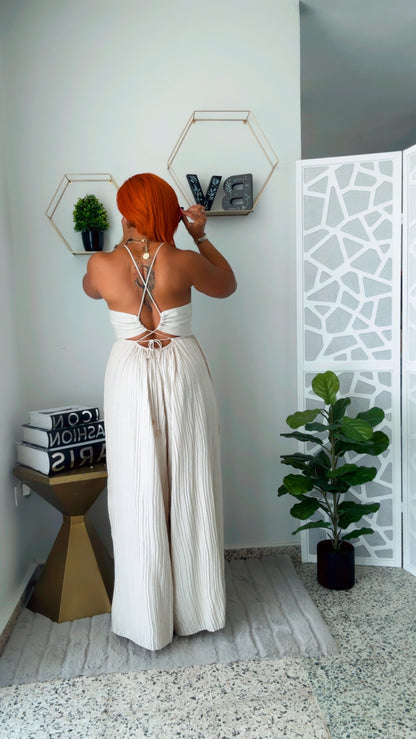 Simple Beige V Neck Backless Linen Jumpsuit Sleeveless