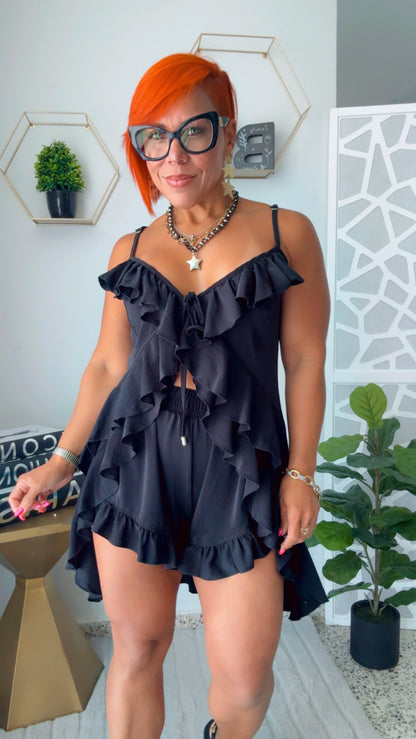 Black Ruffled Boho Short Set