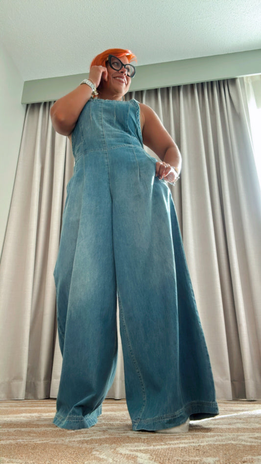 Wide Leg Denim Jumpsuit - Medium Wash