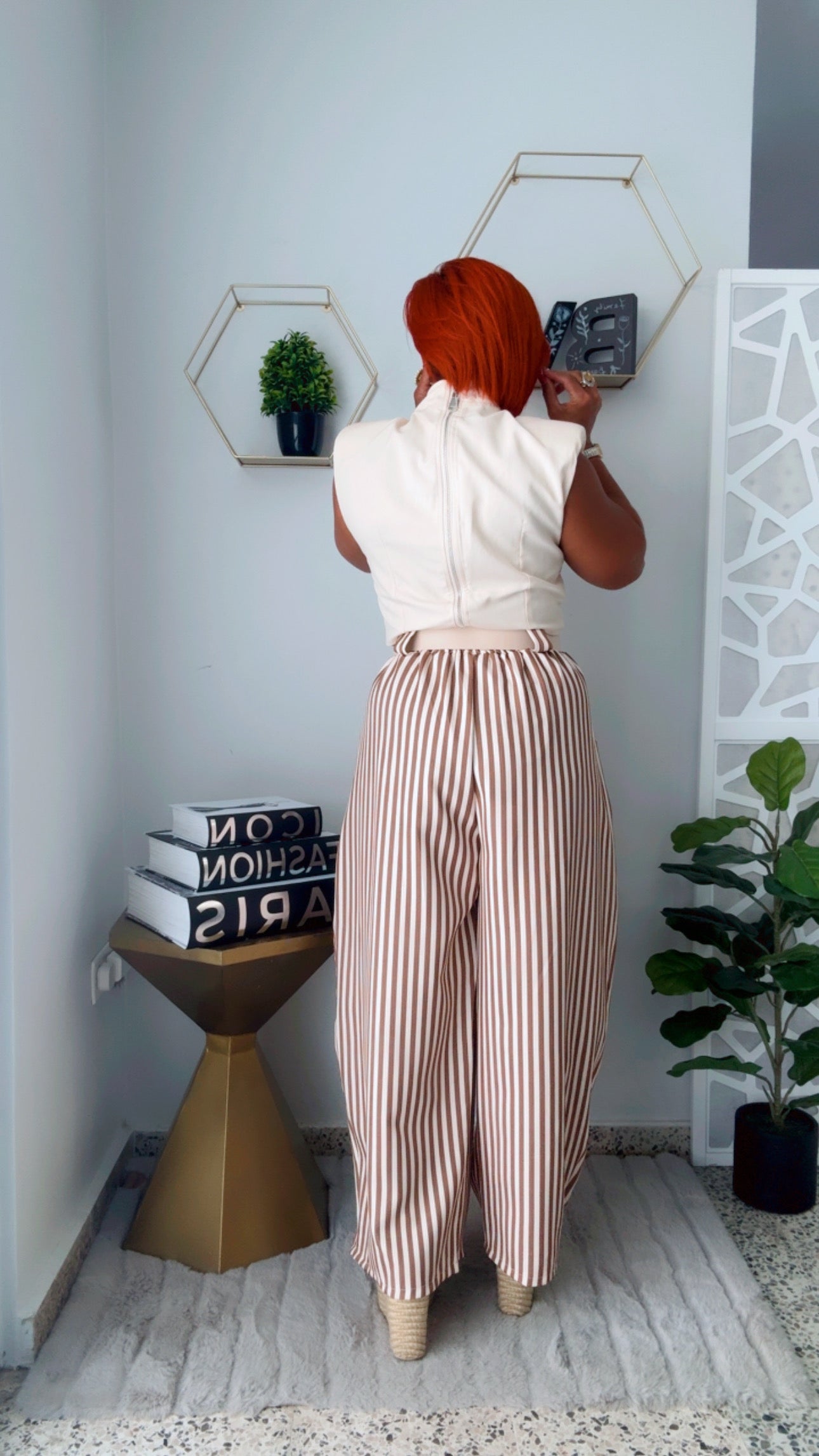 Nude and Beige Line Flow Pants