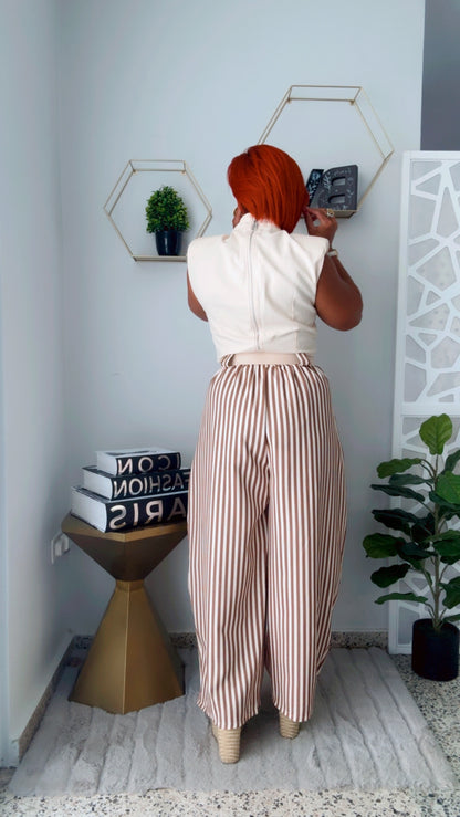 Nude and Beige Line Flow Pants