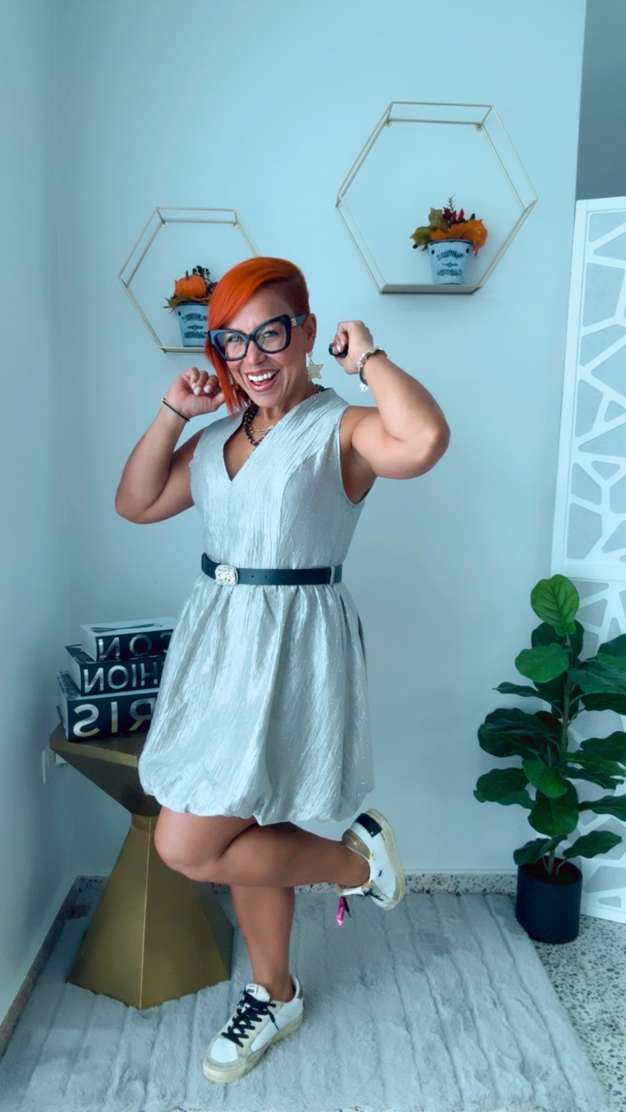 Silver Bubble Mini Dress w/Belt