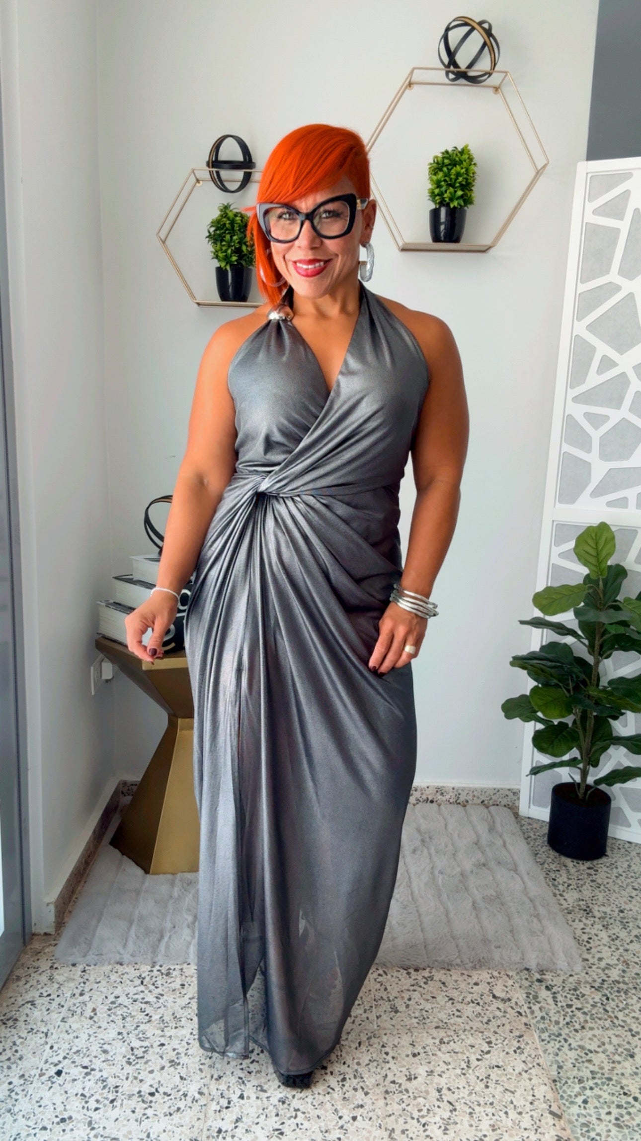 Twist Front Metallic Gray Maxi Dress (Pewter)