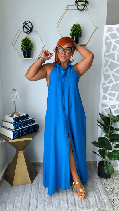 Halter Button Down Backless Dress