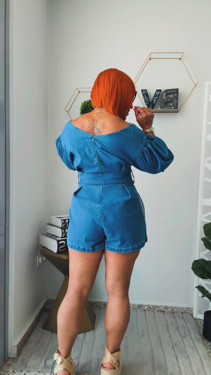 Off Shoulder Denim Romper