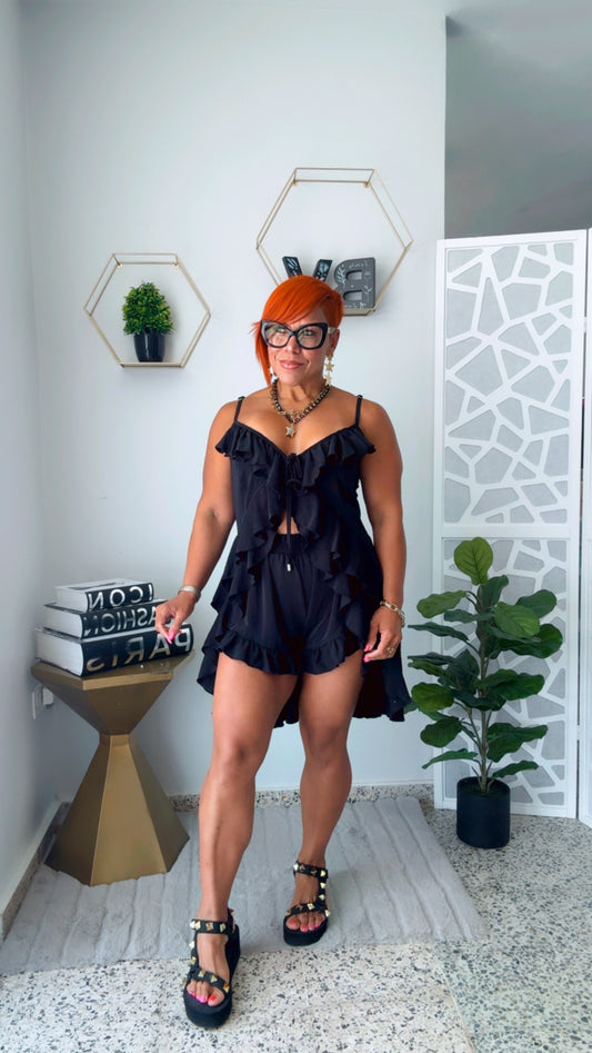 Black Ruffled Boho Short Set
