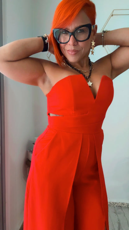 Red Jumpsuit with Cut-out Leg