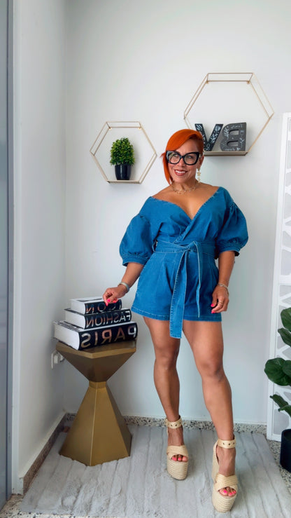 Off Shoulder Denim Romper