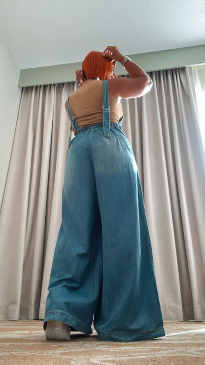 Wide Leg Denim Jumpsuit - Medium Wash