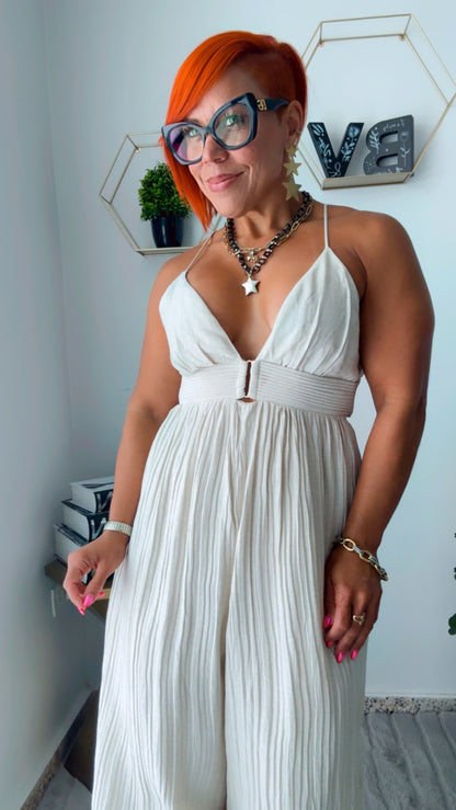 Simple Beige V Neck Backless Linen Jumpsuit Sleeveless