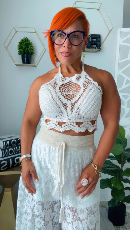 White Halter Crochet Crop Top