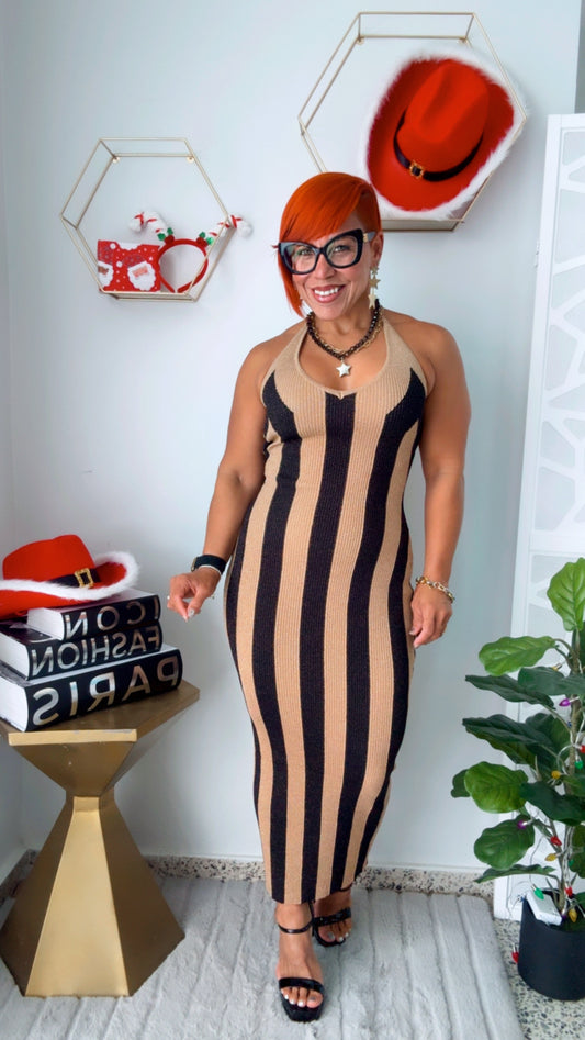 Black & Gold Striped Midi Dress