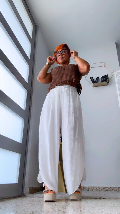 White Wide Leg Split Skirt Pant - Boho&nbsp;