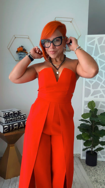 Red Jumpsuit with Cut-out Leg