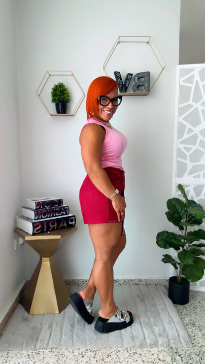 Burgundy Asymmetric Suede Skort with Studs