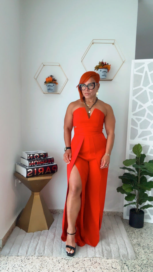 Red Jumpsuit with Cut-out Leg