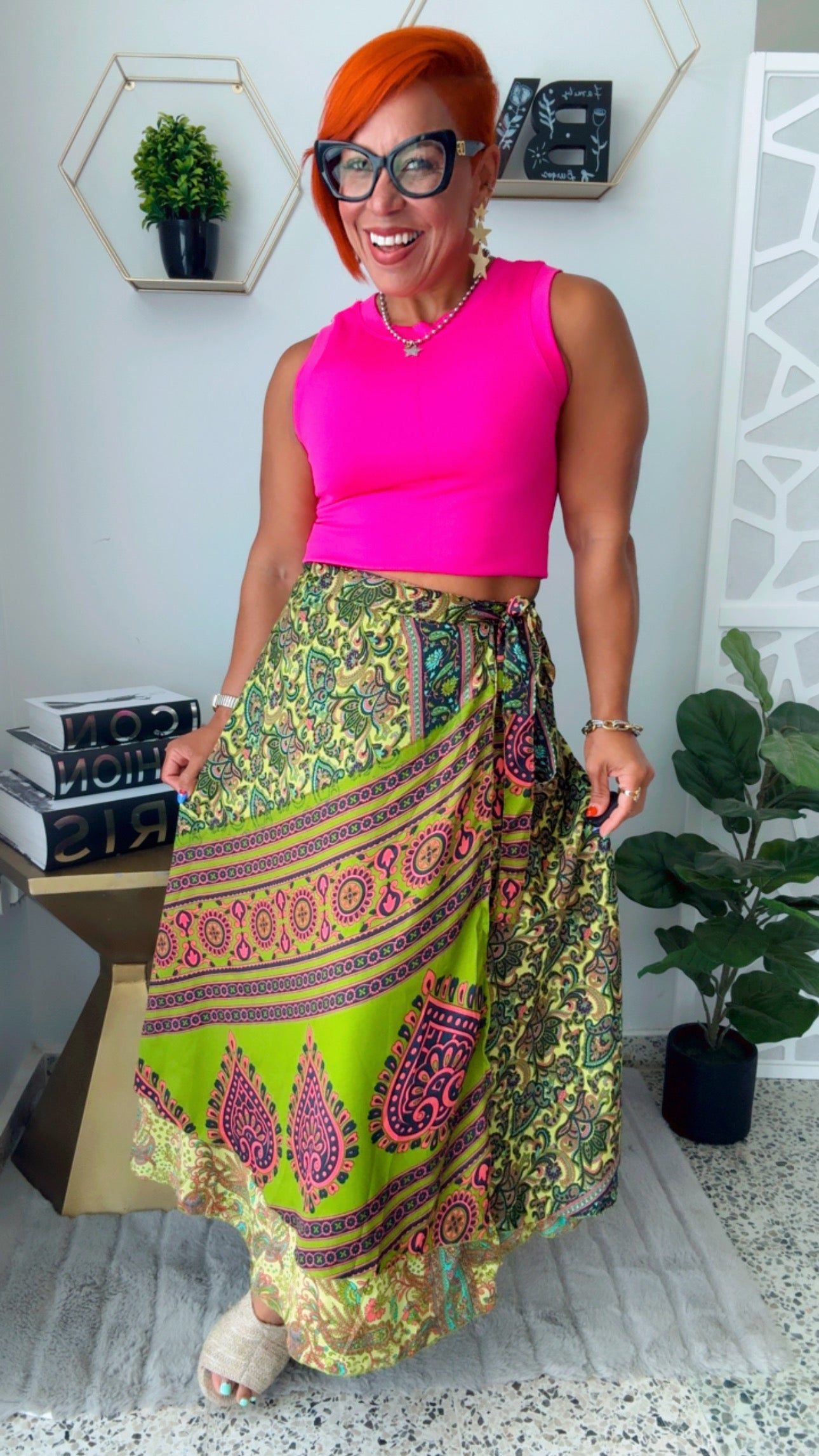Fushia &  Neon Green Reversible Wrap Around Skirt