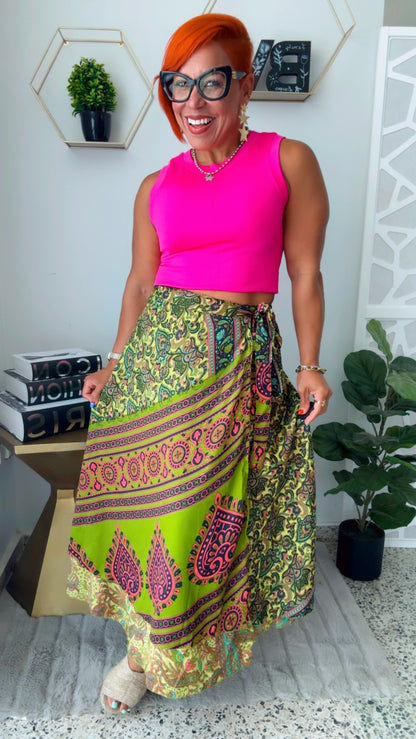 Fushia &  Neon Green Reversible Wrap Around Skirt