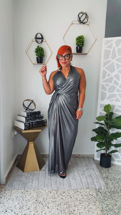 Twist Front Metallic Gray Maxi Dress (Pewter)