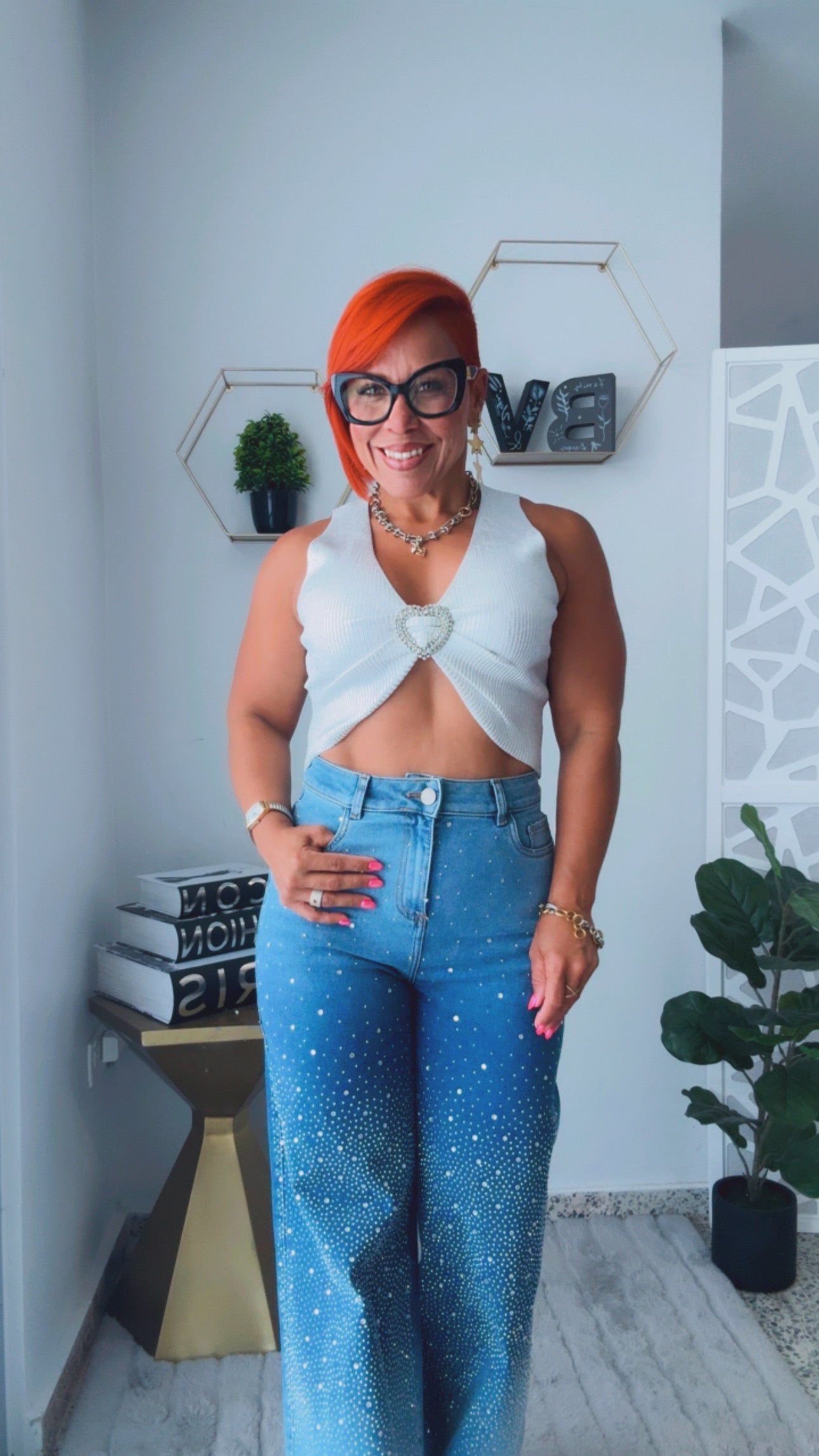 Rhinestone Heart Silver Metallic Crop Top