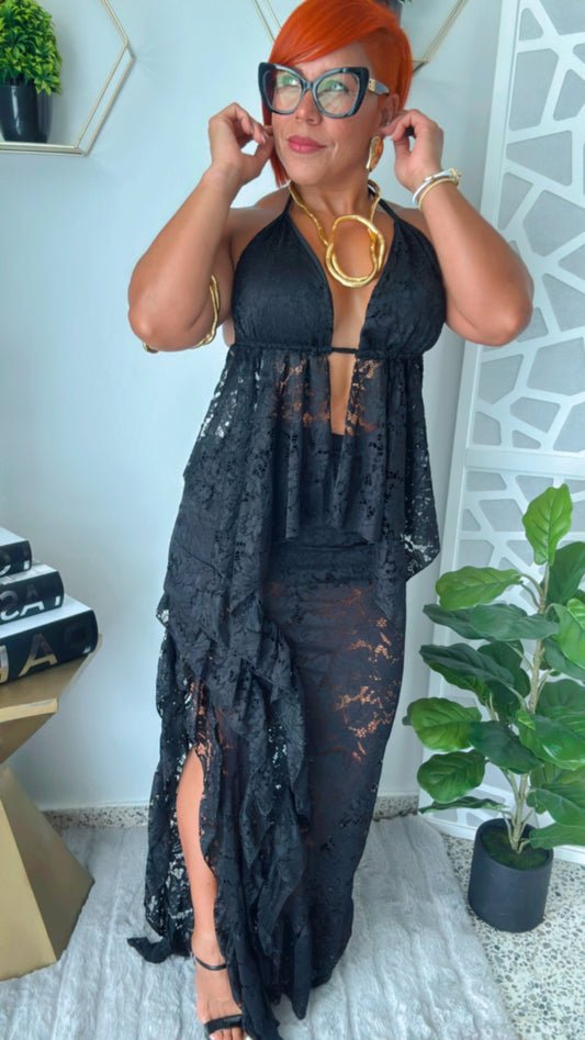 Lace Open Back Skirt Set