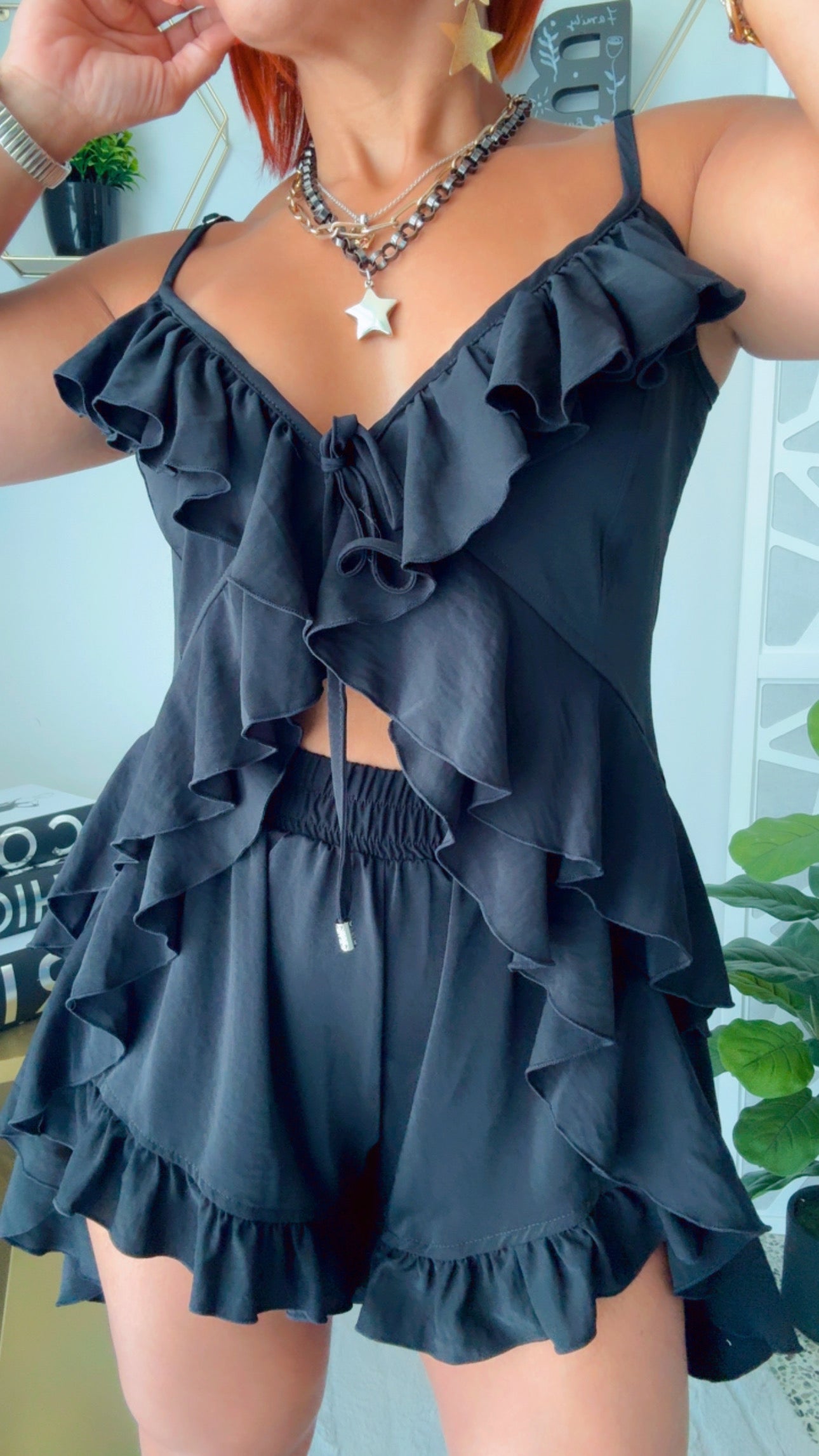 Black Ruffled Boho Short Set