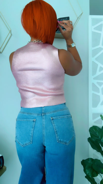 Rhinestone Heart Pink Metallic Crop Top