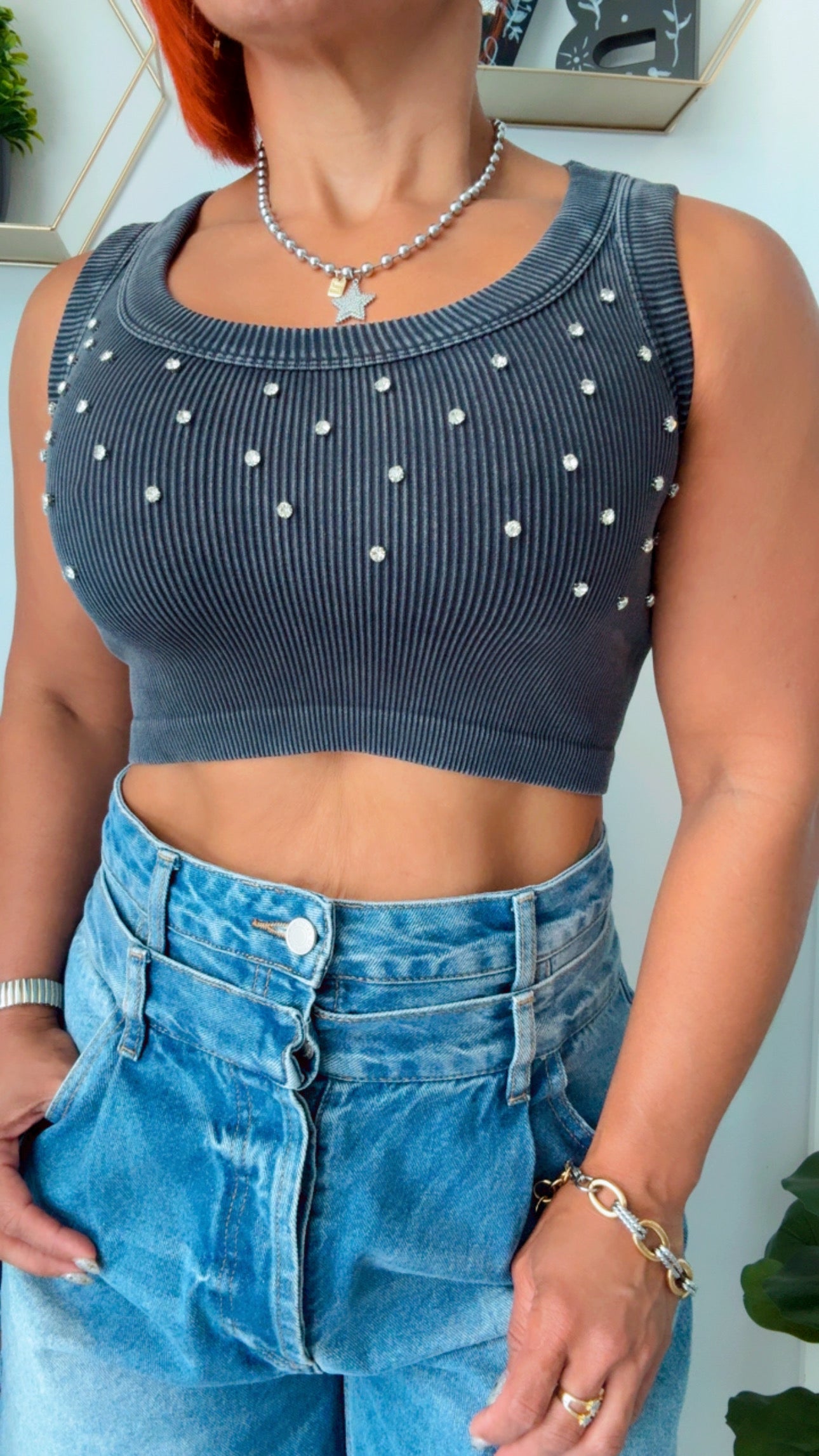Rhinestone Washed Gray Crop Top