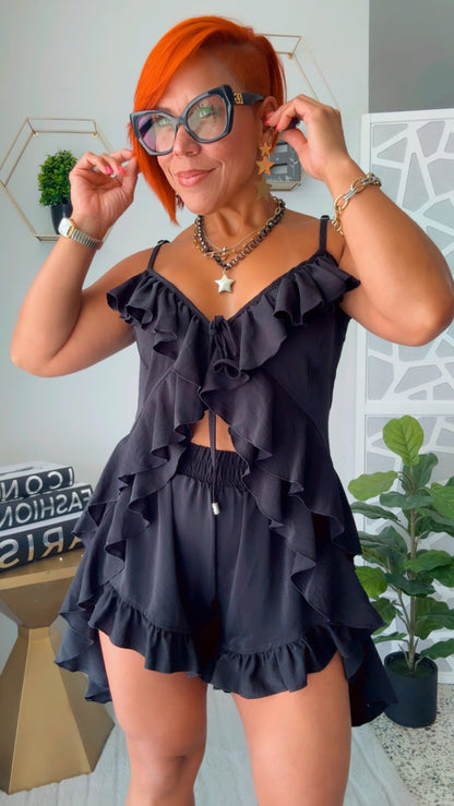 Black Ruffled Boho Short Set