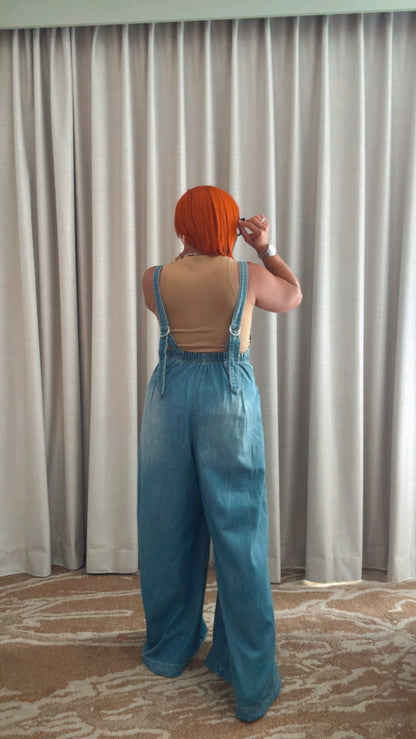Wide Leg Denim Jumpsuit - Medium Wash