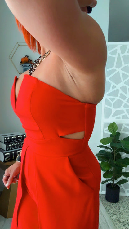Red Jumpsuit with Cut-out Leg