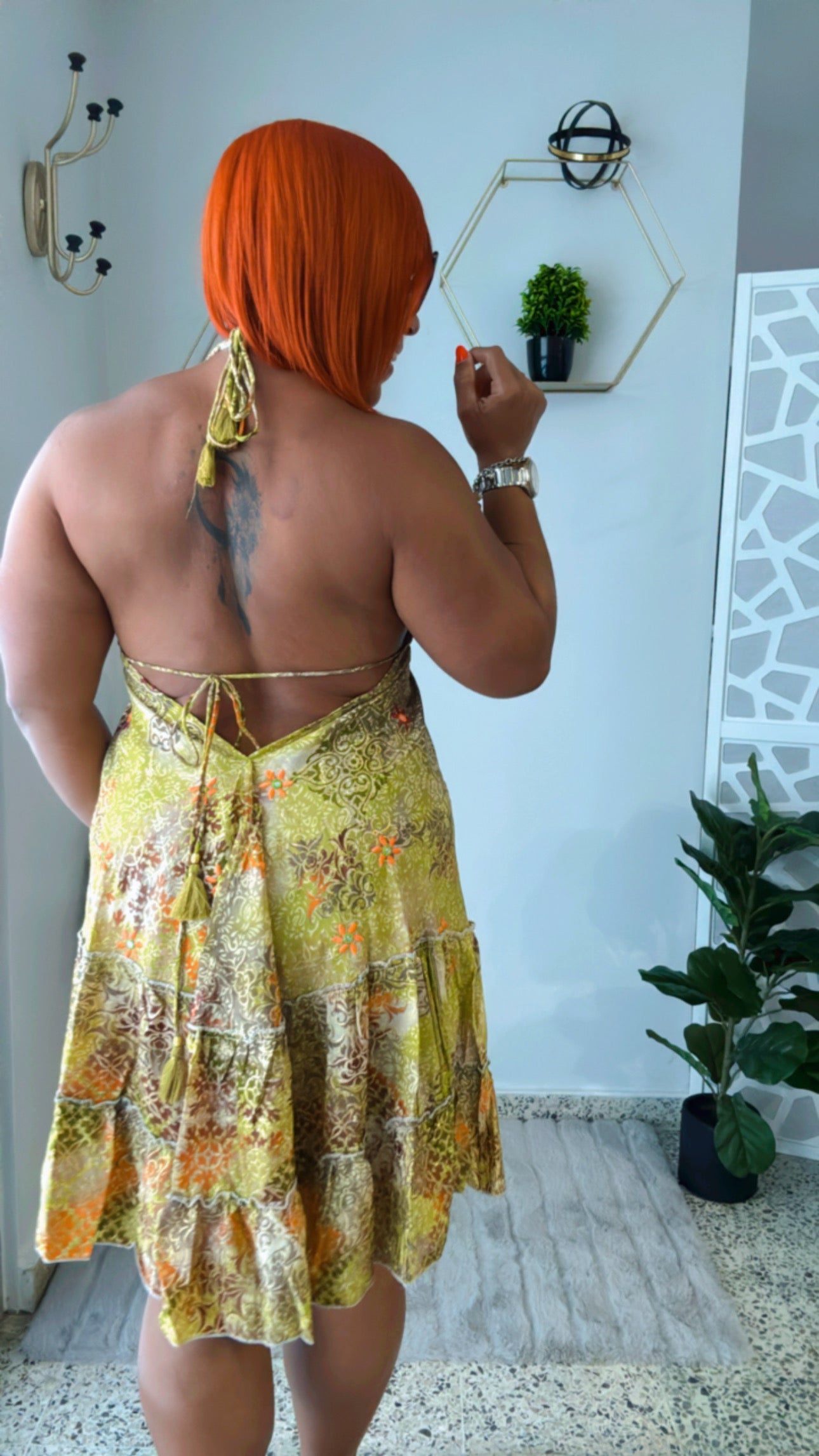 Green Boho Open Back Short Dress