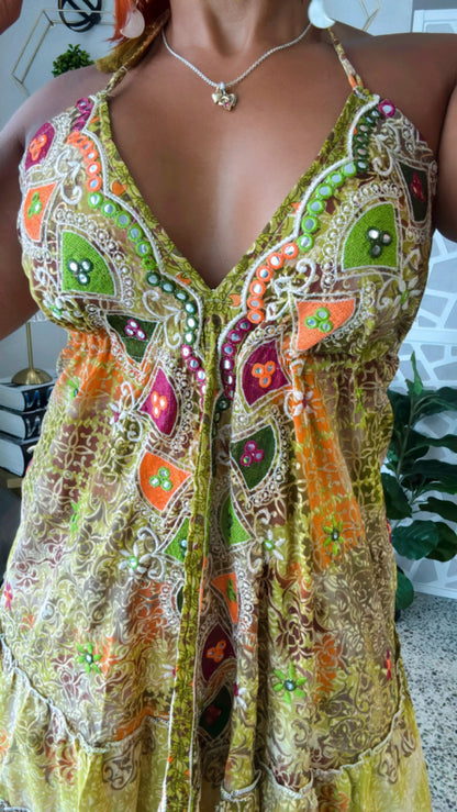 Green Boho Open Back Short Dress