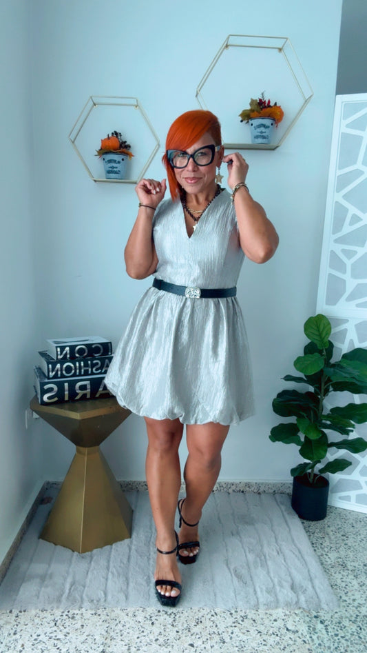Silver Bubble Mini Dress w/Belt
