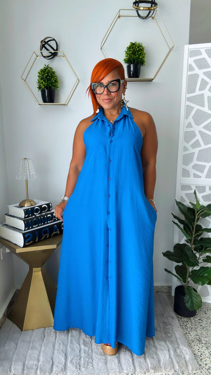 Halter Button Down Backless Dress